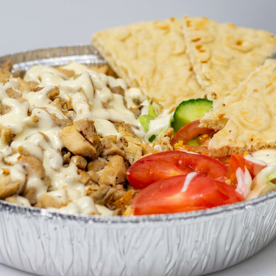 Aluminum bowl filled with seasoned shawarma meat, creamy sauce, pita bread, tomatoes, cucumbers, and lettuce.