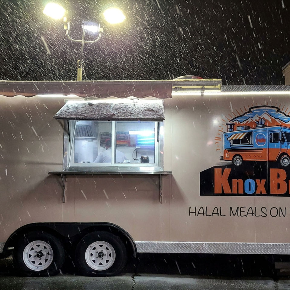 Knox Bros halal food truck parked outside at night during snowfall, illuminated beneath streetlights.