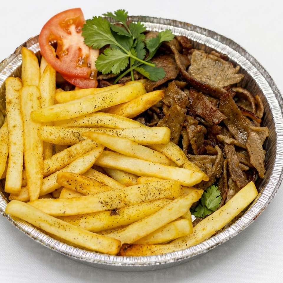 Aluminum tray filled with seasoned fries and sliced grilled meat, garnished with tomato and fresh parsley.