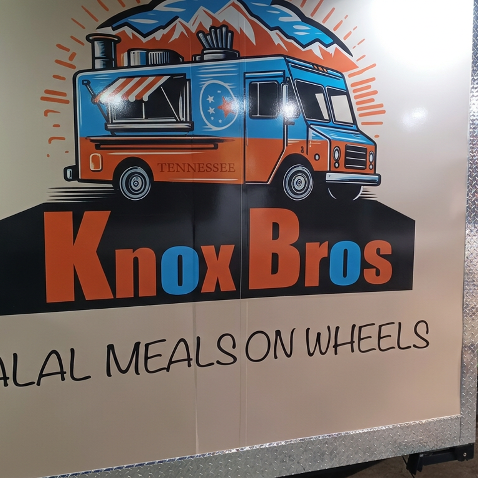 Knox Bros food truck mural featuring a colorful mountain scene, Tennessee branding, and the words “Halal meals on wheels.”