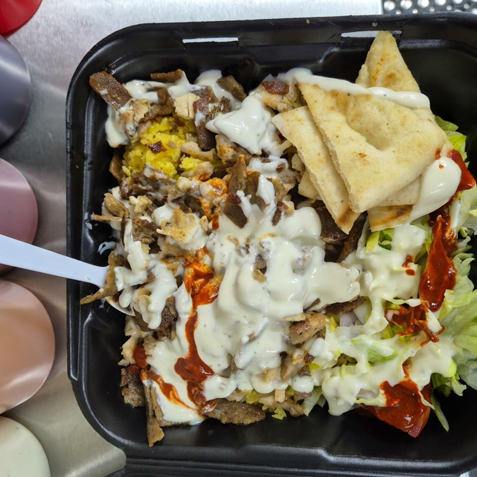 Loaded fries topped with seasoned meat, lettuce, pita chips, and creamy white and red sauces in a takeout container.