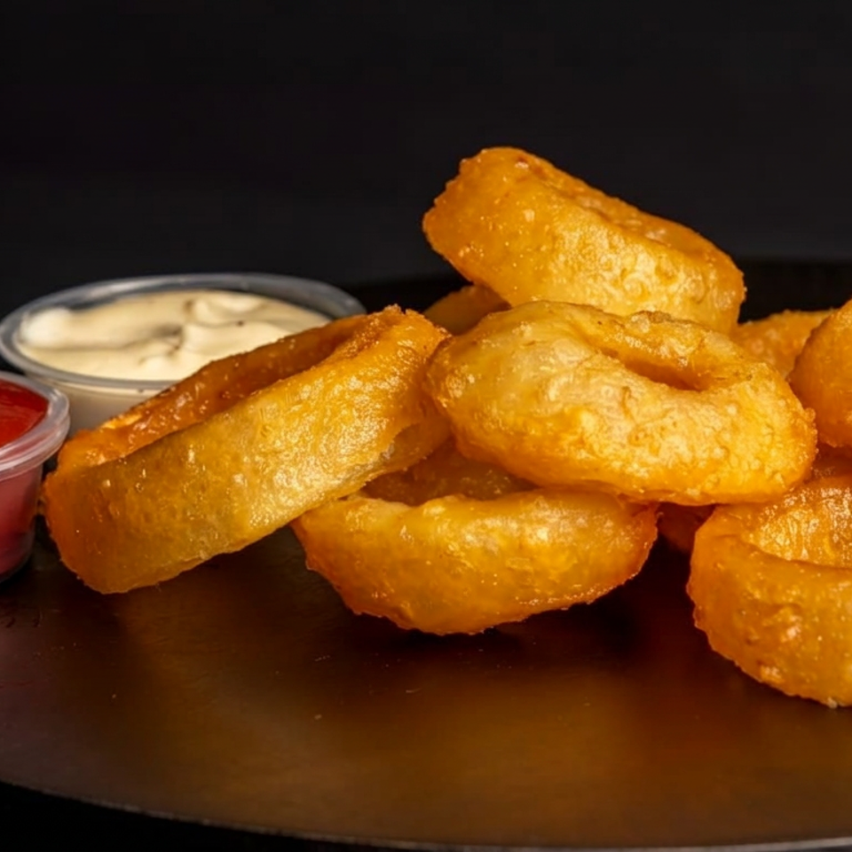 Golden fried onion rings served on a dark platter with red ketchup and creamy dipping sauce, branded Knox Bros.