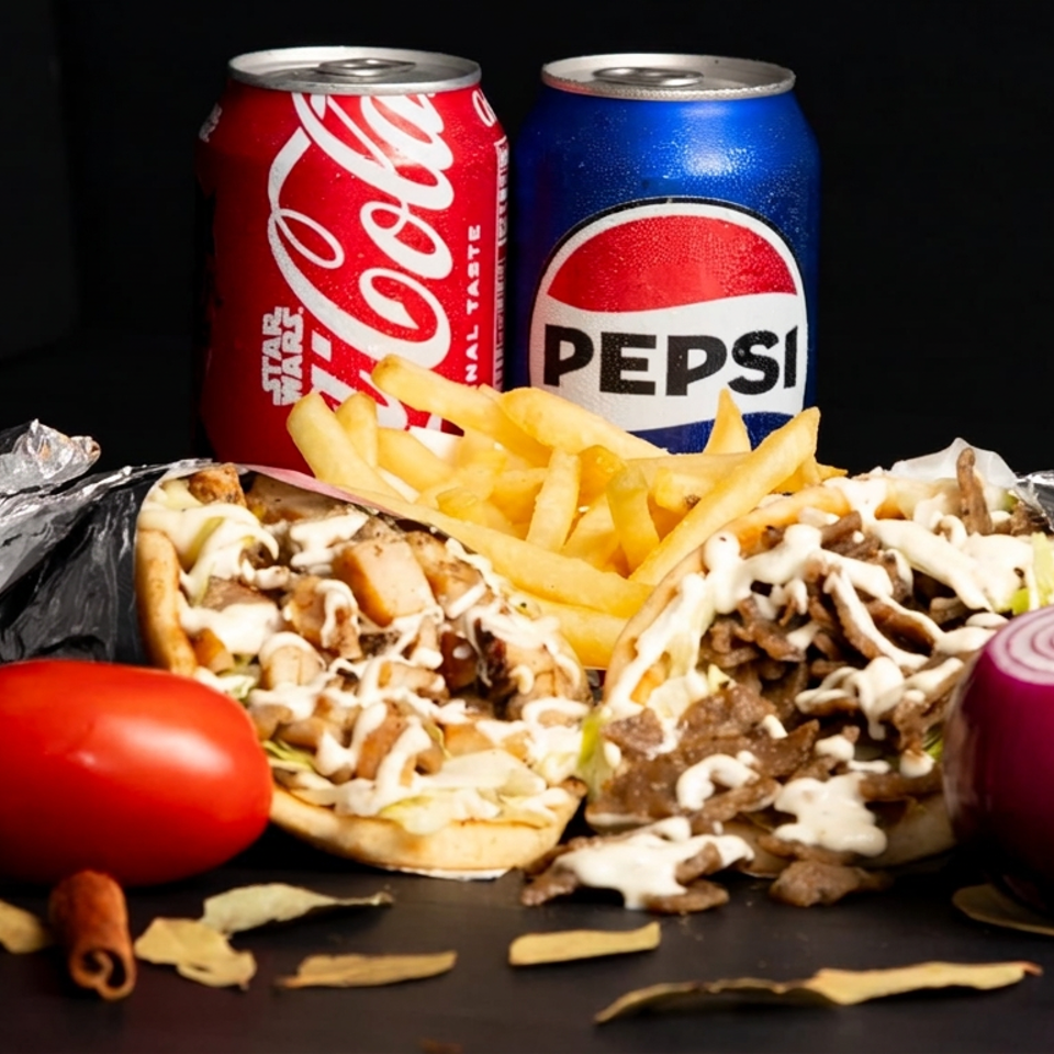 Gyro wraps topped with meat and sauce, surrounded by fries, tomato, onion, and Coca-Cola and Pepsi cans.