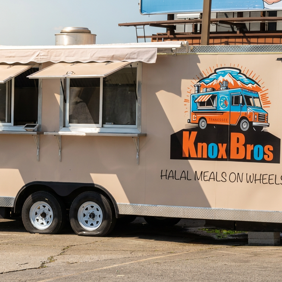 Knox Bros halal food truck with colorful mountain logo, serving windows, and “Halal Meals on Wheels” lettering parked outdoors.