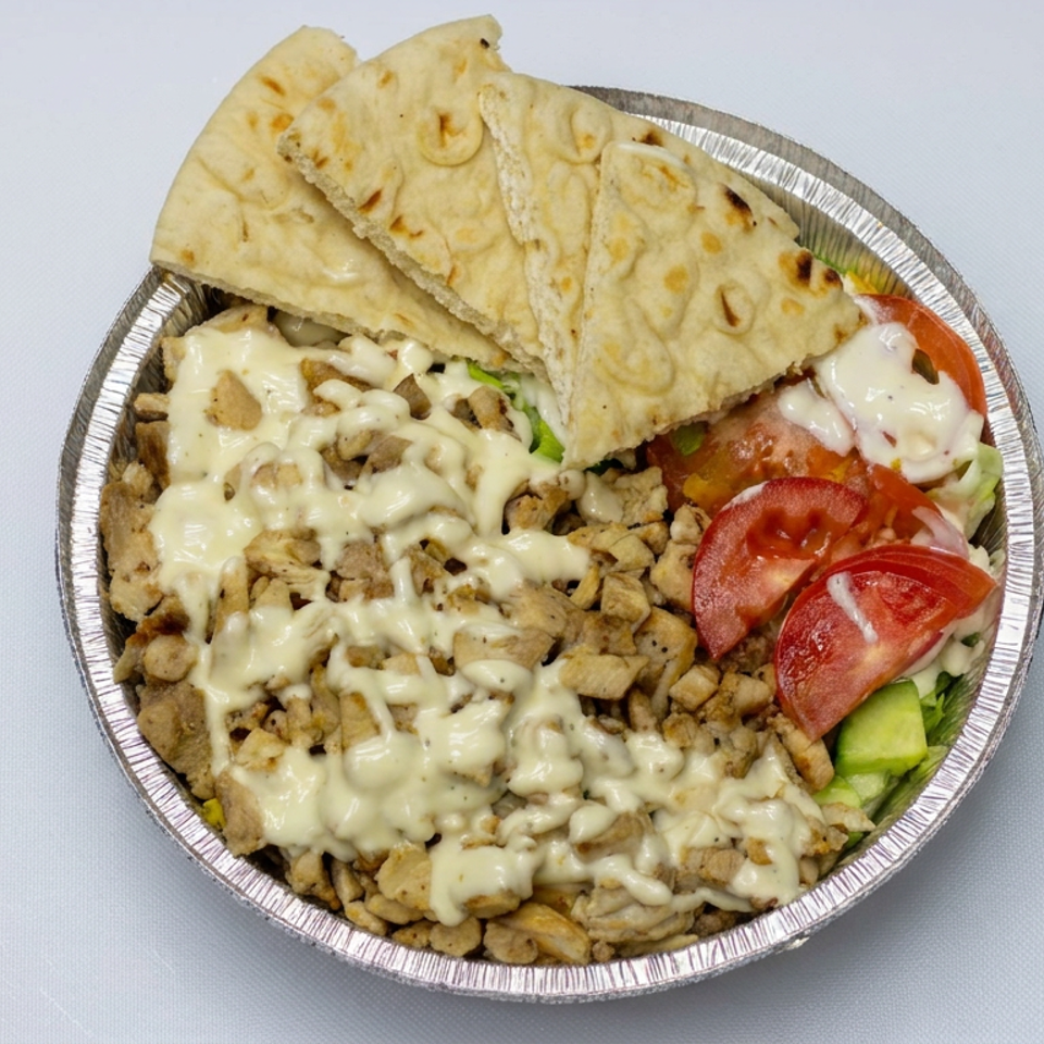 Foil tray of seasoned chicken topped with creamy sauce, served with pita bread, tomatoes, lettuce, and cucumber.