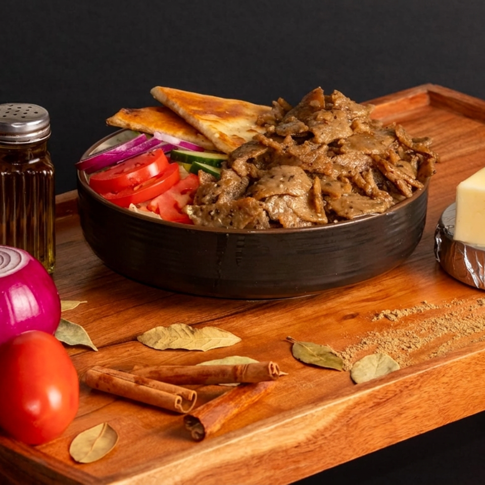 Bowl of seasoned sliced meat with pita bread, tomatoes, red onion, and butter on a wooden serving board.