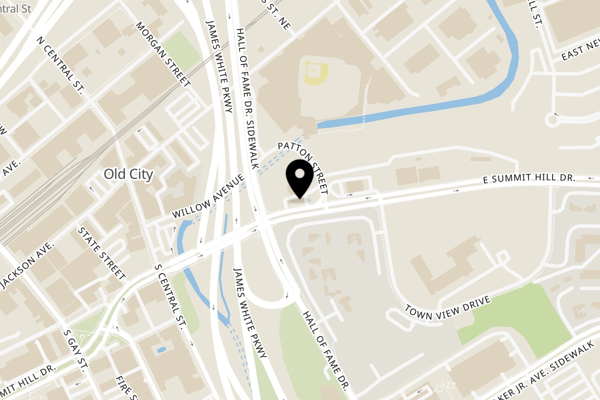 Map showing the location of Knox Bros on 411 E Summit Hill Dr SE in Knoxville